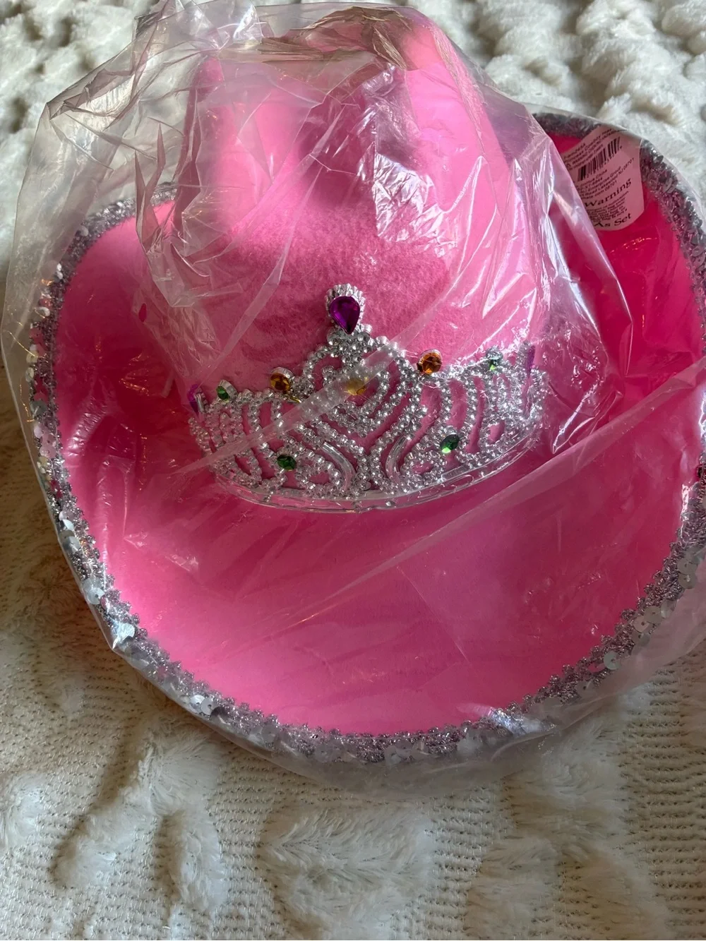Pink Princess Cowboy Party Hat with Rhinestone Tiara - Party Accessory